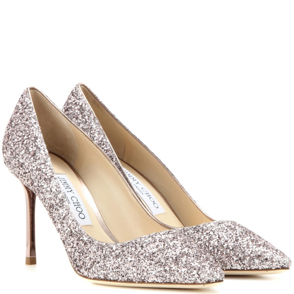 Jimmy Choo Romy 85mm Tea Rose Pink Glitter, Size 37